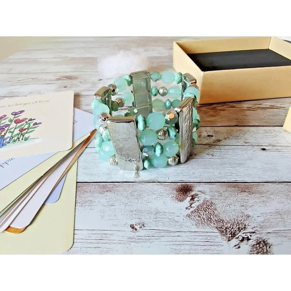 NIB Silver Tone Seafoam Blue Wide Stretch Bracelet - Picture 3 of 8